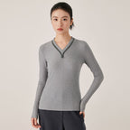 Ribbed V-Neck Long Sleeve Top