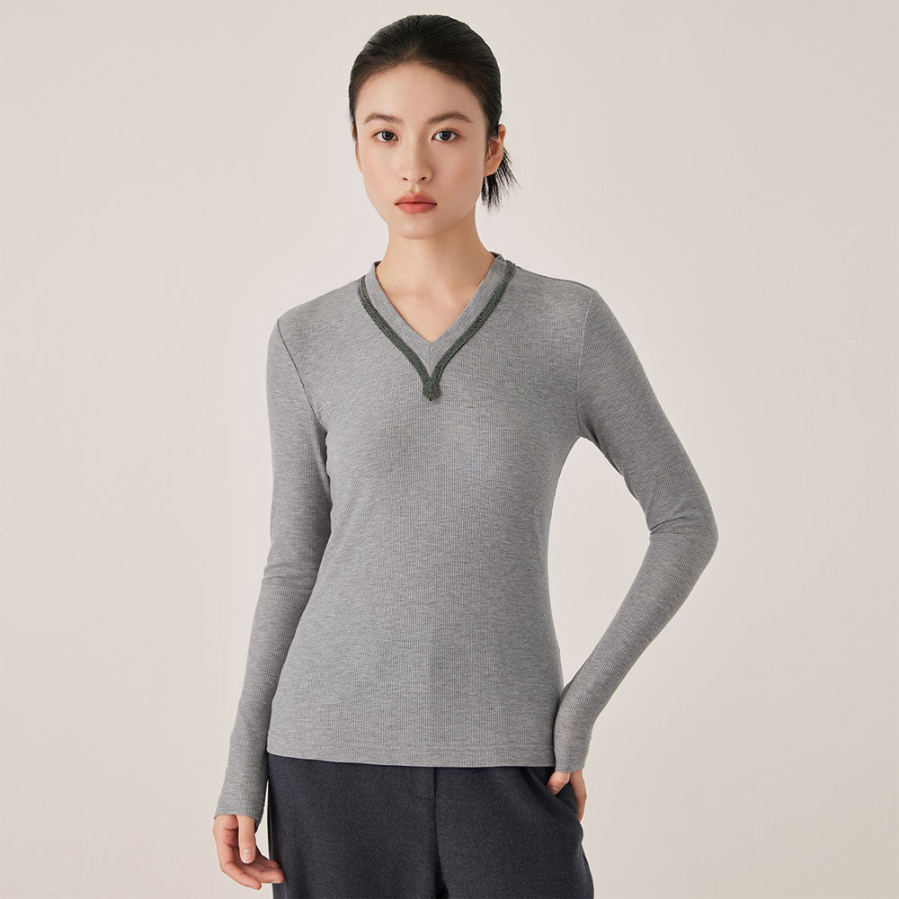 Ribbed V-Neck Long Sleeve Top