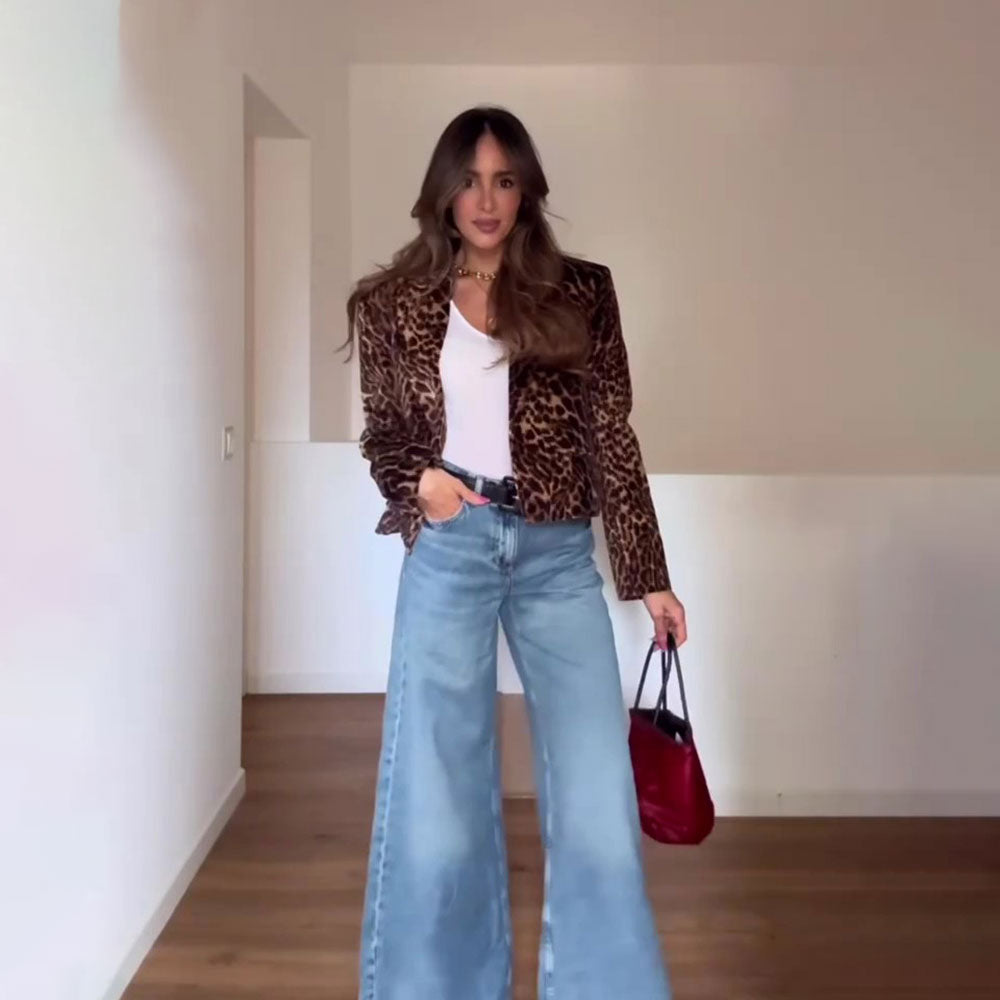 Animal Print Velvet Blazer Casual Chic