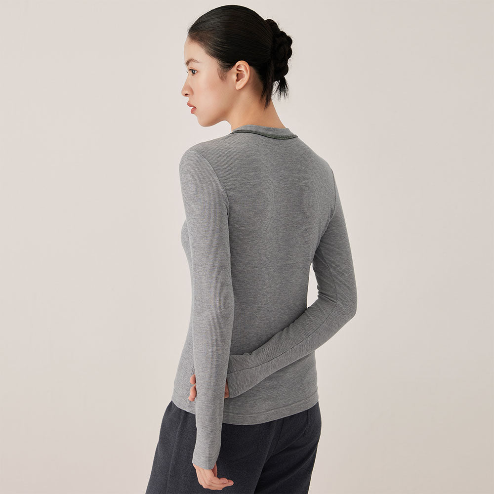 Ribbed V-Neck Long Sleeve Top