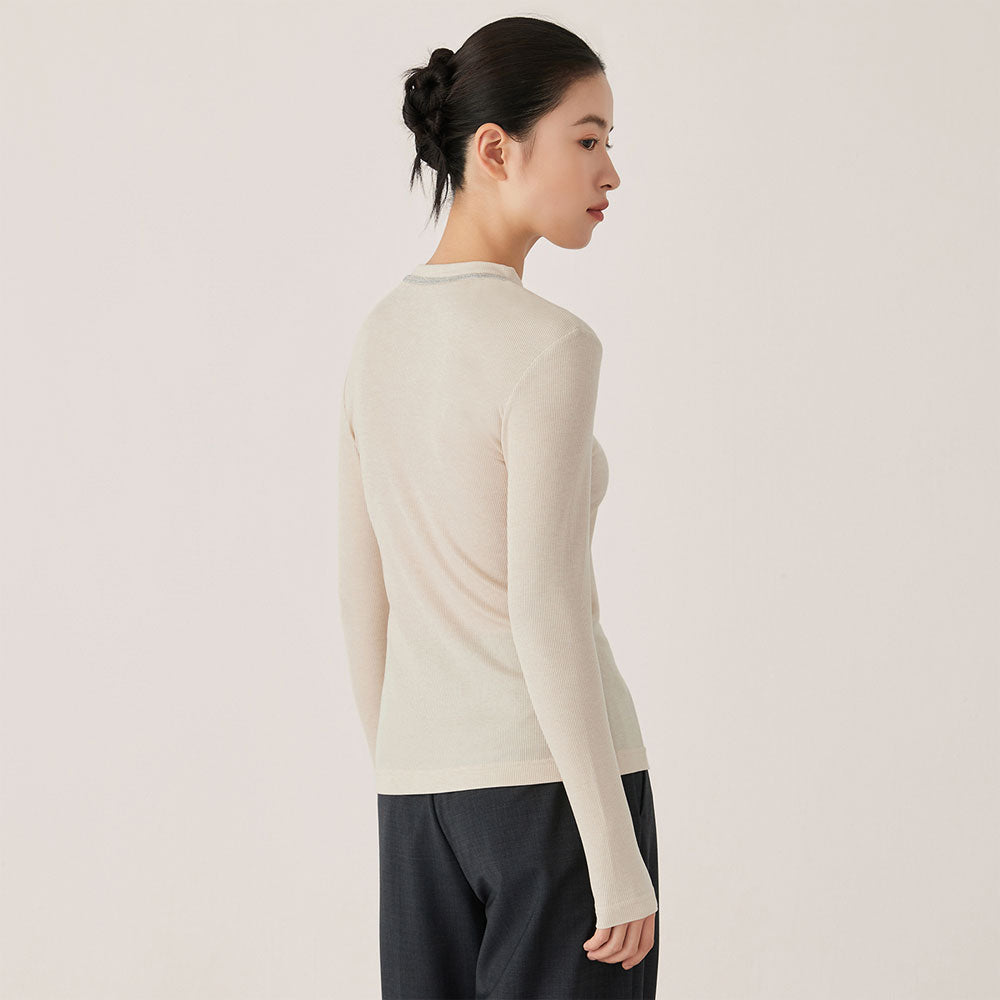 Ribbed V-Neck Long Sleeve Top
