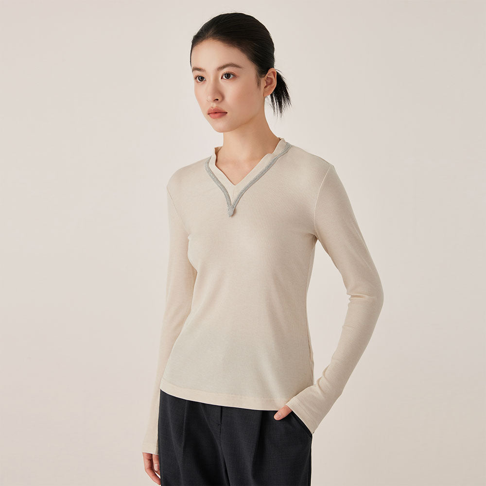 Ribbed V-Neck Long Sleeve Top
