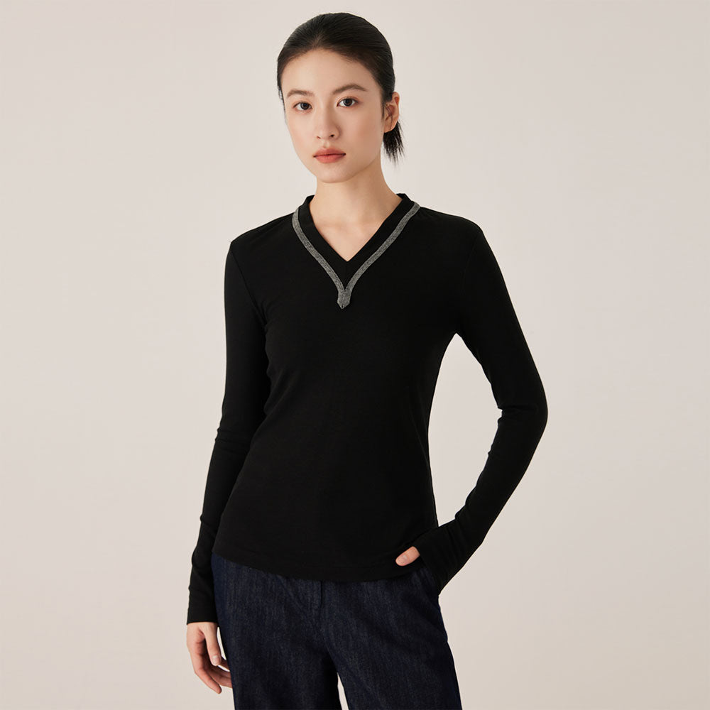 Ribbed V-Neck Long Sleeve Top
