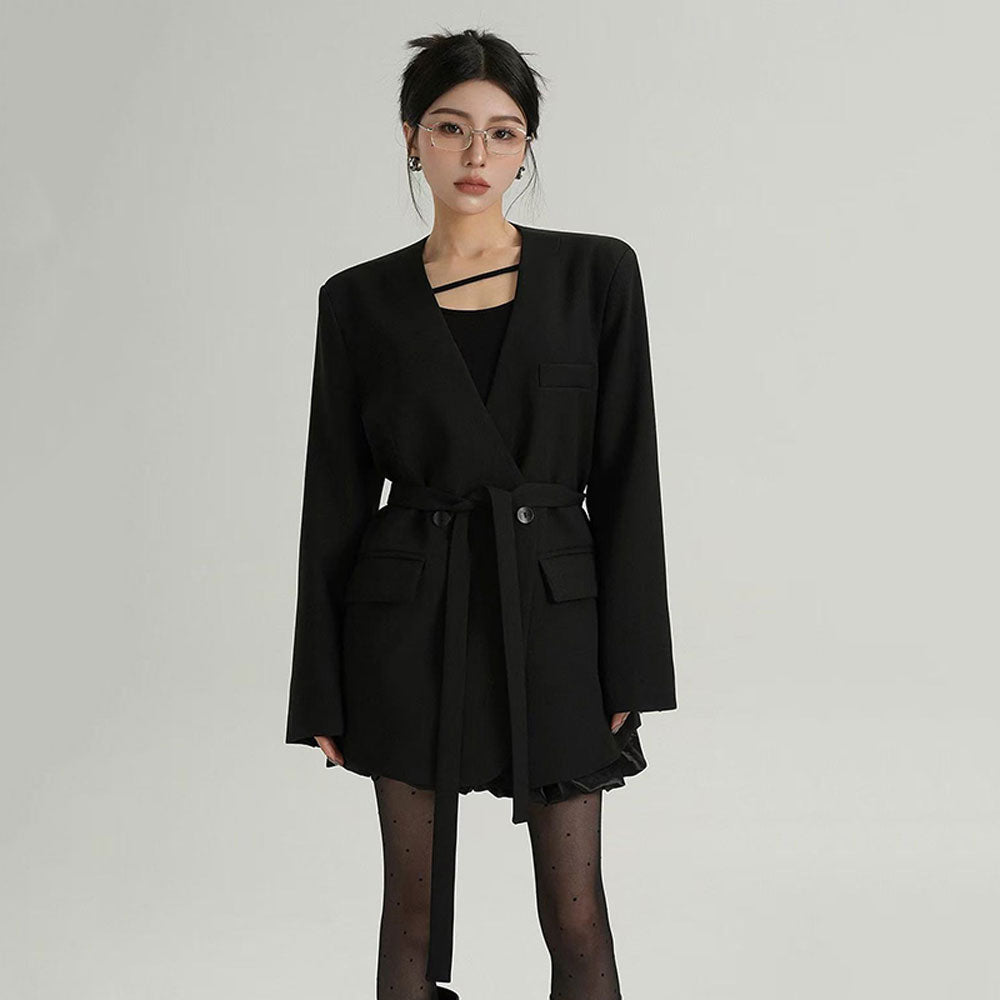 Stylish Street Style Black V Neck Blazer