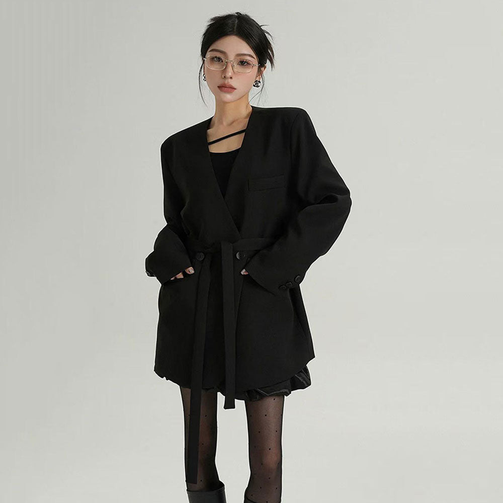Stylish Street Style Black V Neck Blazer