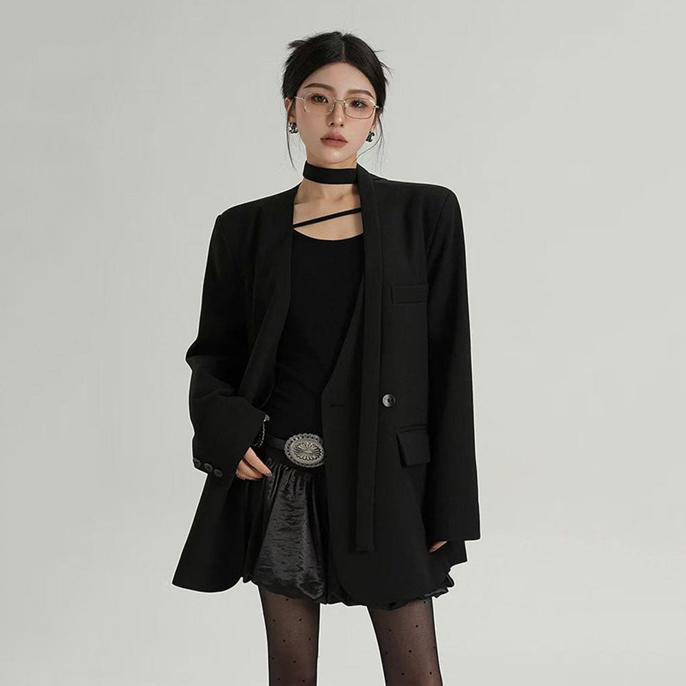 Stylish Street Style Black V Neck Blazer